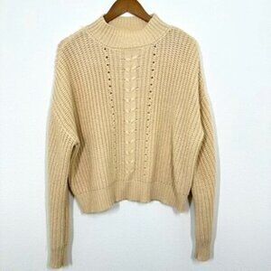 Olivia Grey Beige Cream Cable Knit Ribbed Mockneck Sweater Fisherman Cottagecore